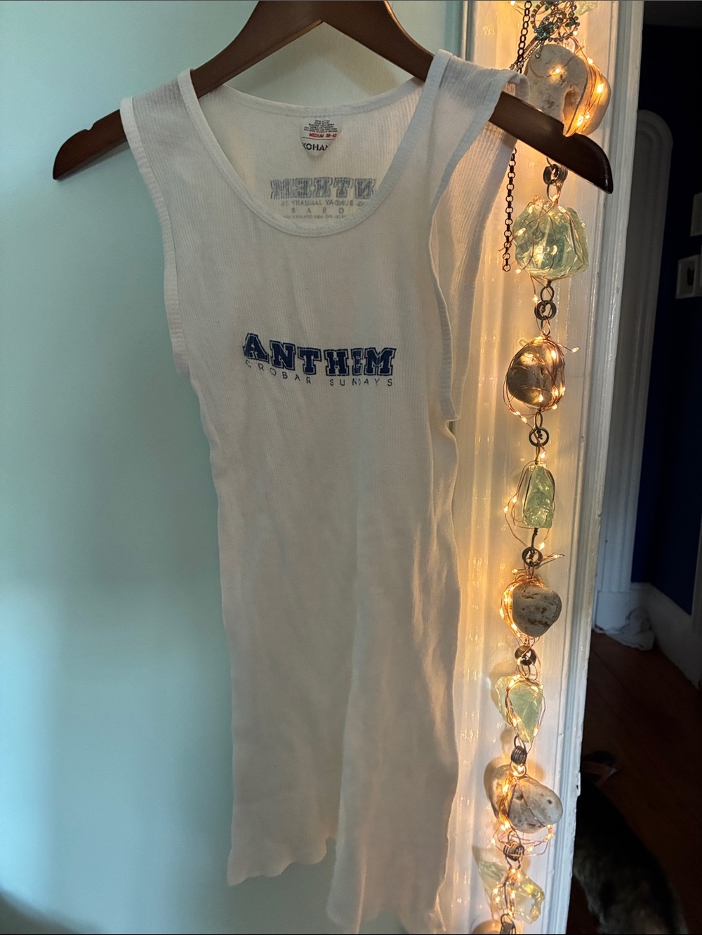 ANTHEM White Ribbed Tank Top with Blue Anthem Logo. Crobar on Sunday nights